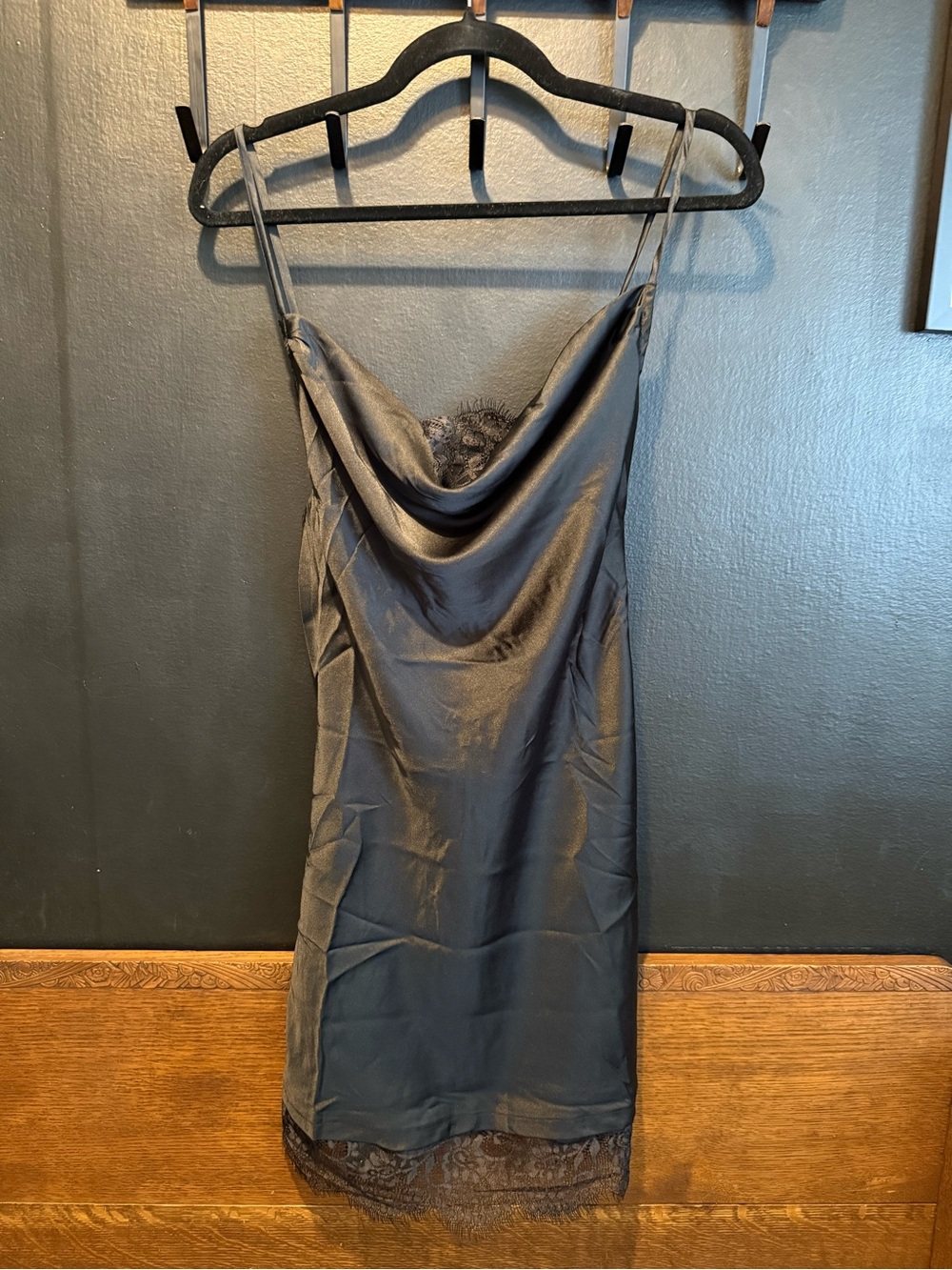 Satin Lace Slip Dress - Black